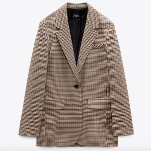 Zara Women's Tan and Black Straight Plaid Blazer